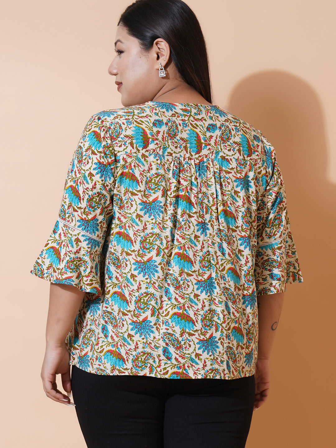 Women Plus size Floral Printed Rayon tie-up neck A-Line Top