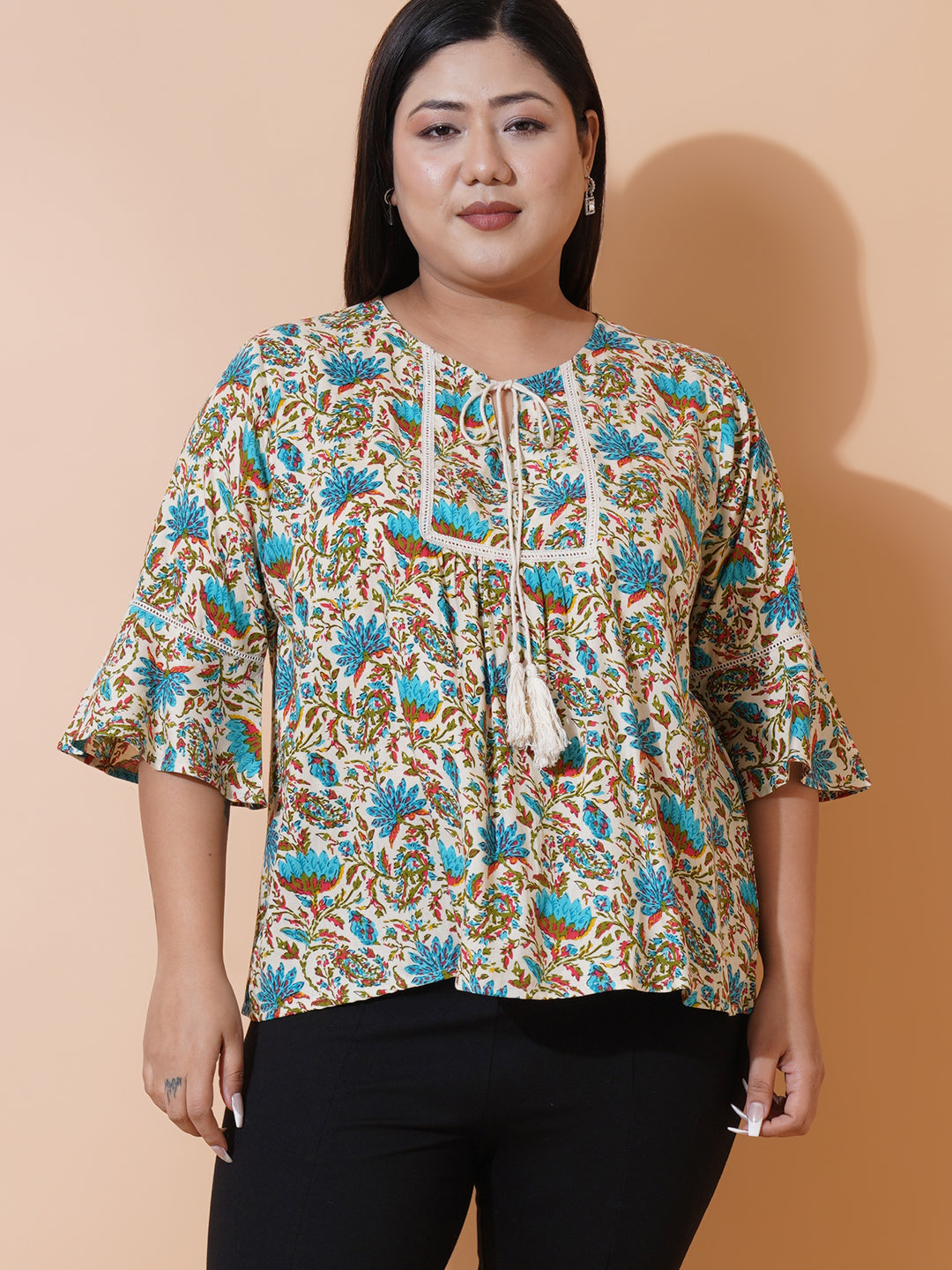 Women Plus size Floral Printed Rayon tie-up neck A-Line Top