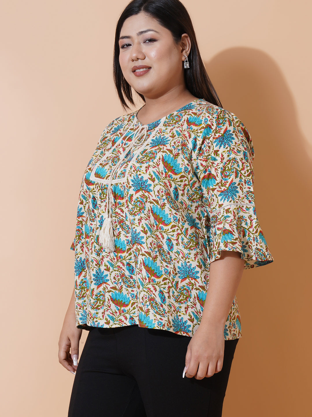 Women Plus size Floral Printed Rayon tie-up neck A-Line Top