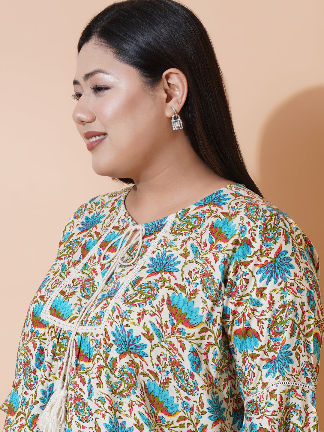 Women Plus size Floral Printed Rayon tie-up neck A-Line Top