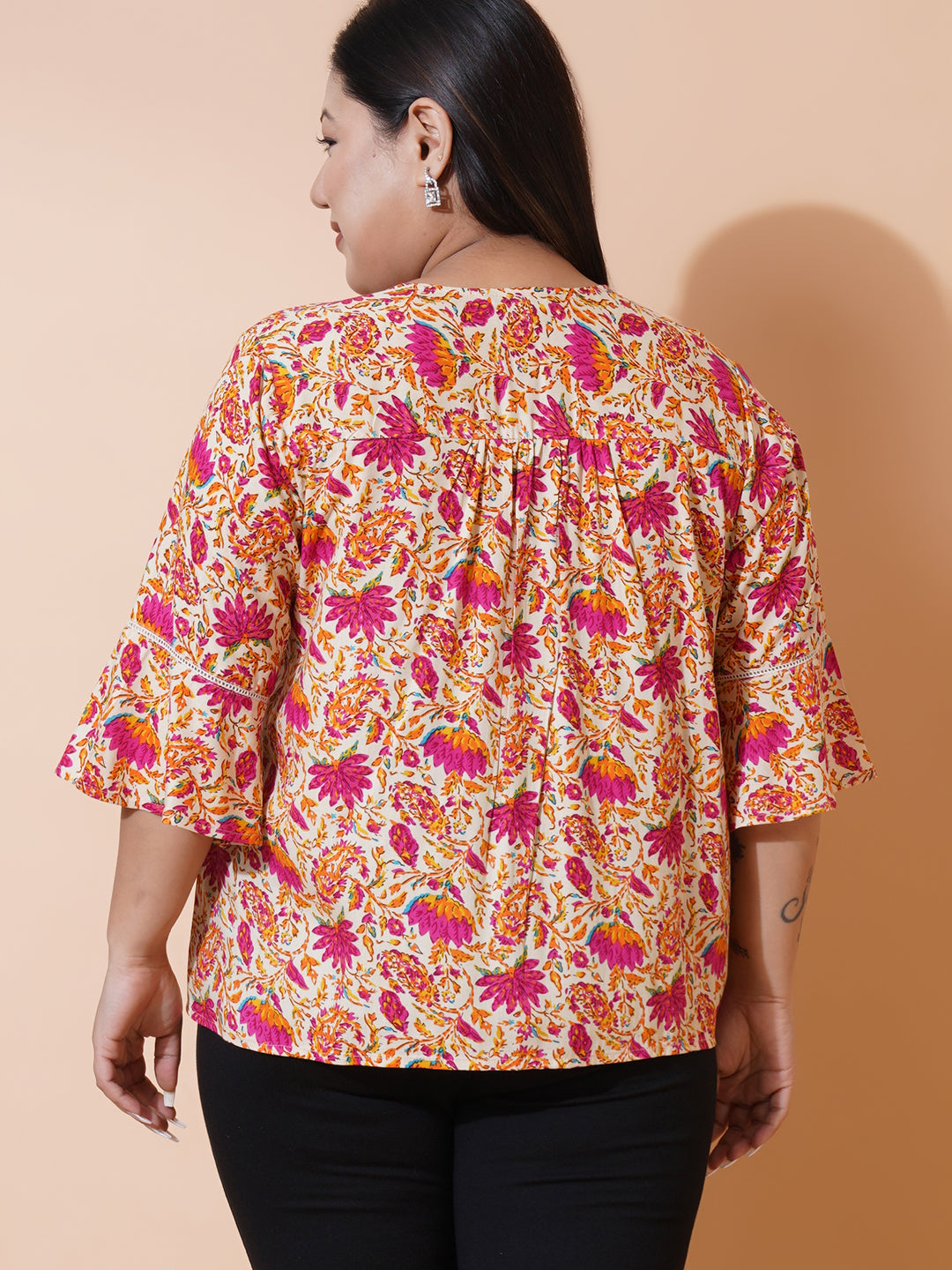 Women Plus size Floral Printed Rayon tie-up neck A-Line Top