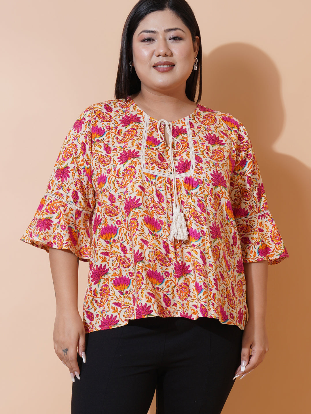 Women Plus size Floral Printed Rayon tie-up neck A-Line Top