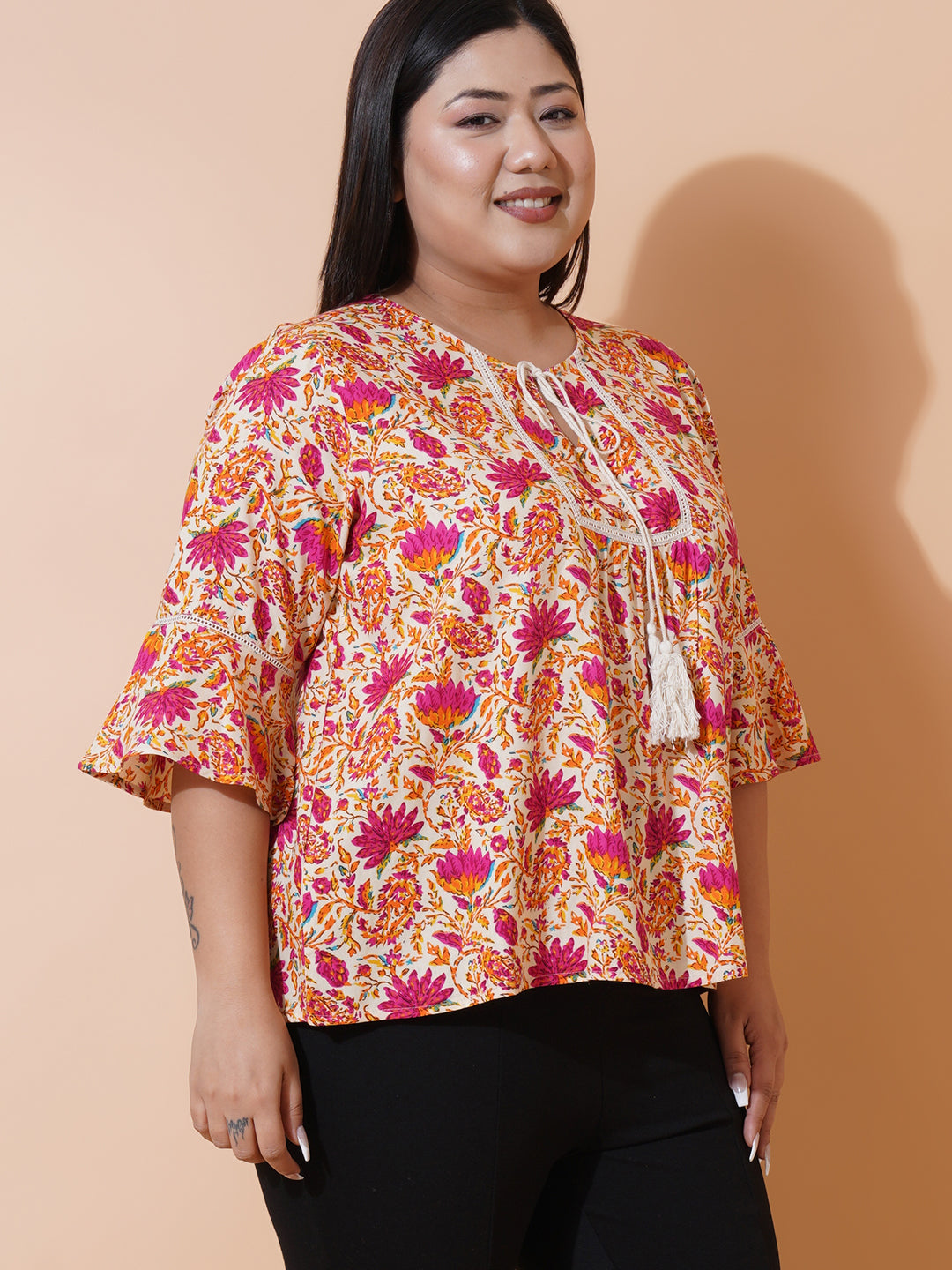 Women Plus size Floral Printed Rayon tie-up neck A-Line Top