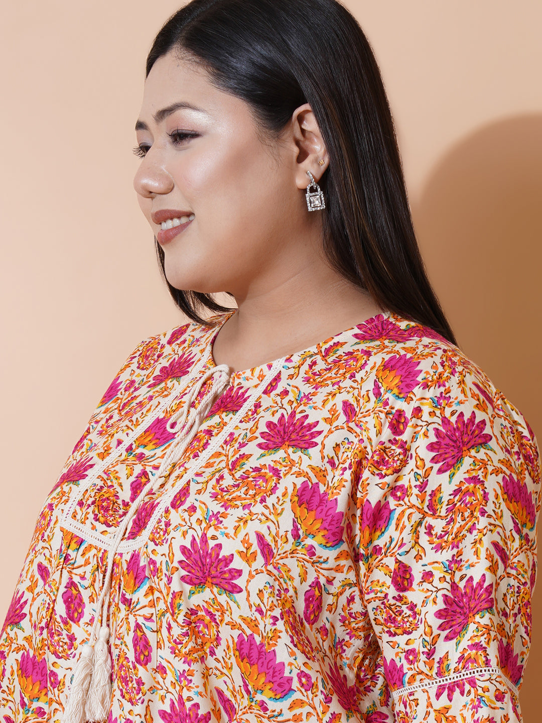 Women Plus size Floral Printed Rayon tie-up neck A-Line Top