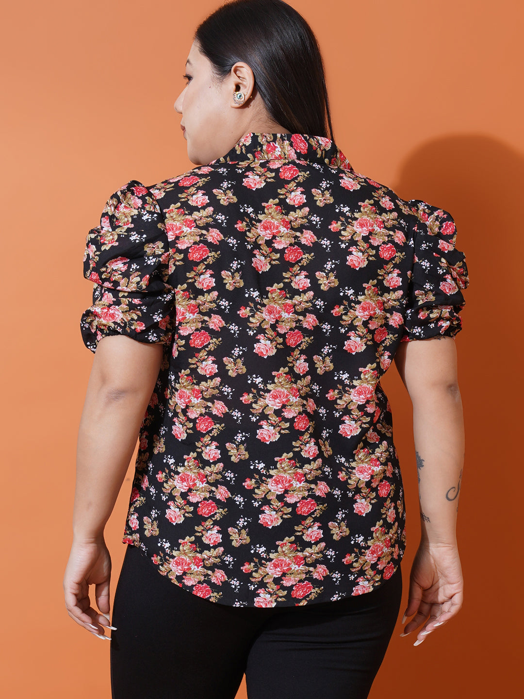 Women Plus Size Black Floral Georgette Shirt Style Top