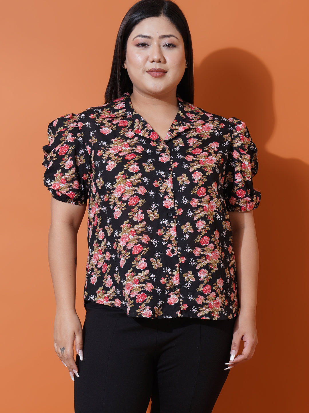 Women Plus Size Black Floral Georgette Shirt Style Top