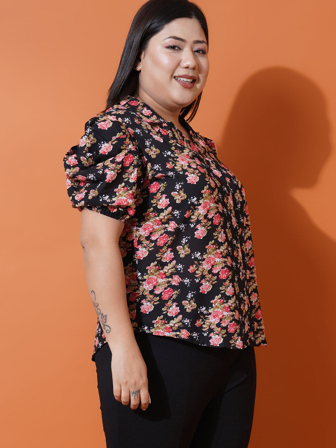 Women Plus Size Black Floral Georgette Shirt Style Top