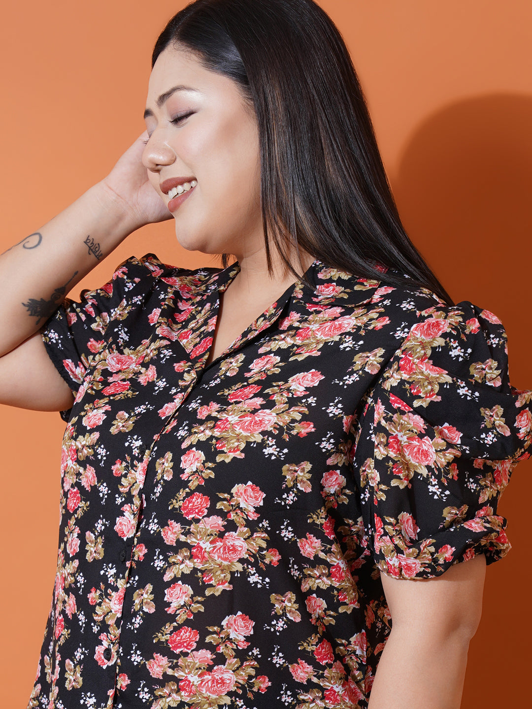 Women Plus Size Black Floral Georgette Shirt Style Top