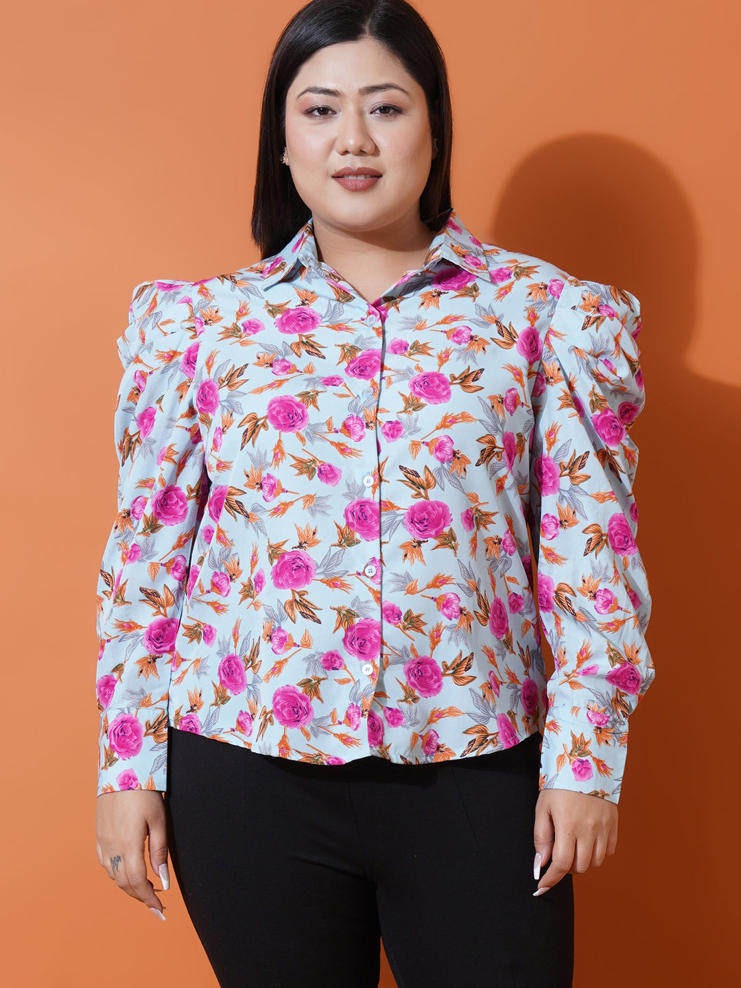 Women Plus Size Floral Print Crepe Shirt Style Top