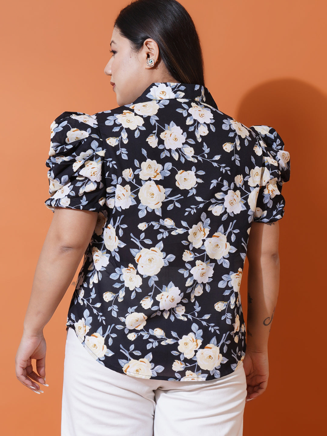 Women Plus Size Black Floral Georgette Shirt Style Top