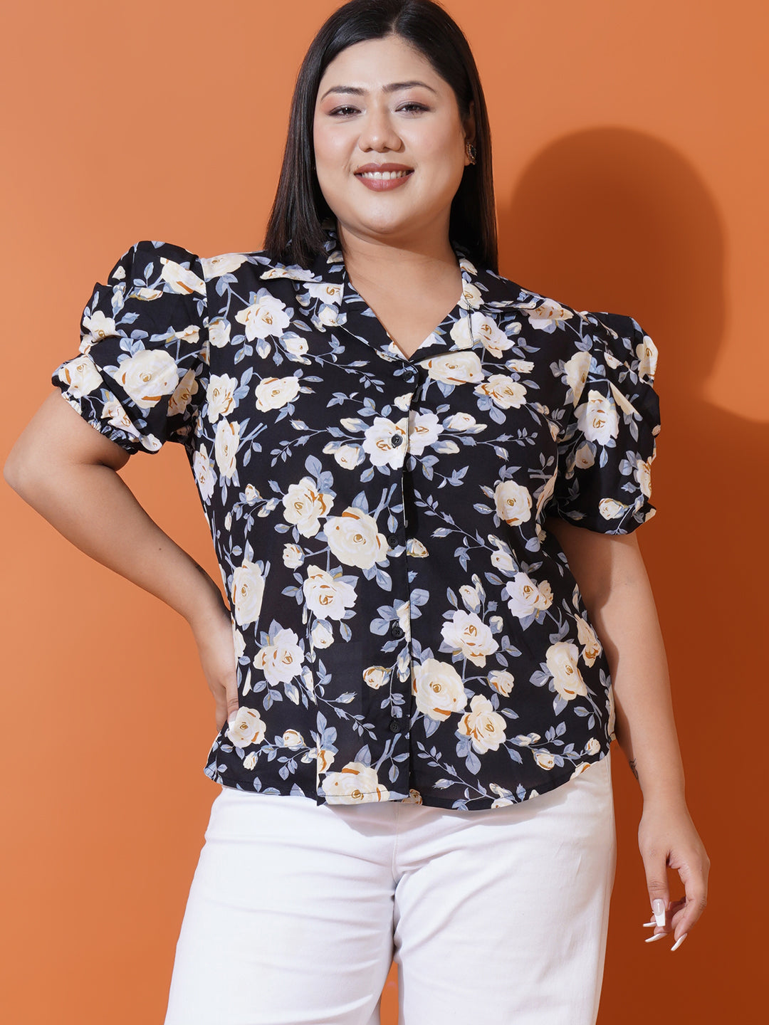 Women Plus Size Black Floral Georgette Shirt Style Top