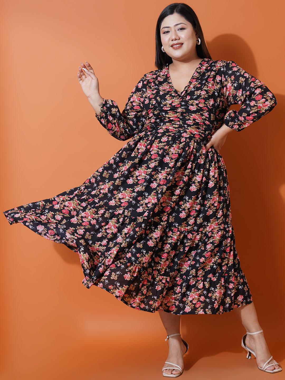 Women Plus size Georgette V-Neck Tiered Dress