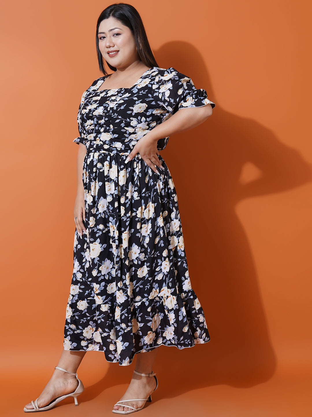 Women Plus size Georgette Sweetheart Neck Puff Sleeves Tiered Maxi Dress