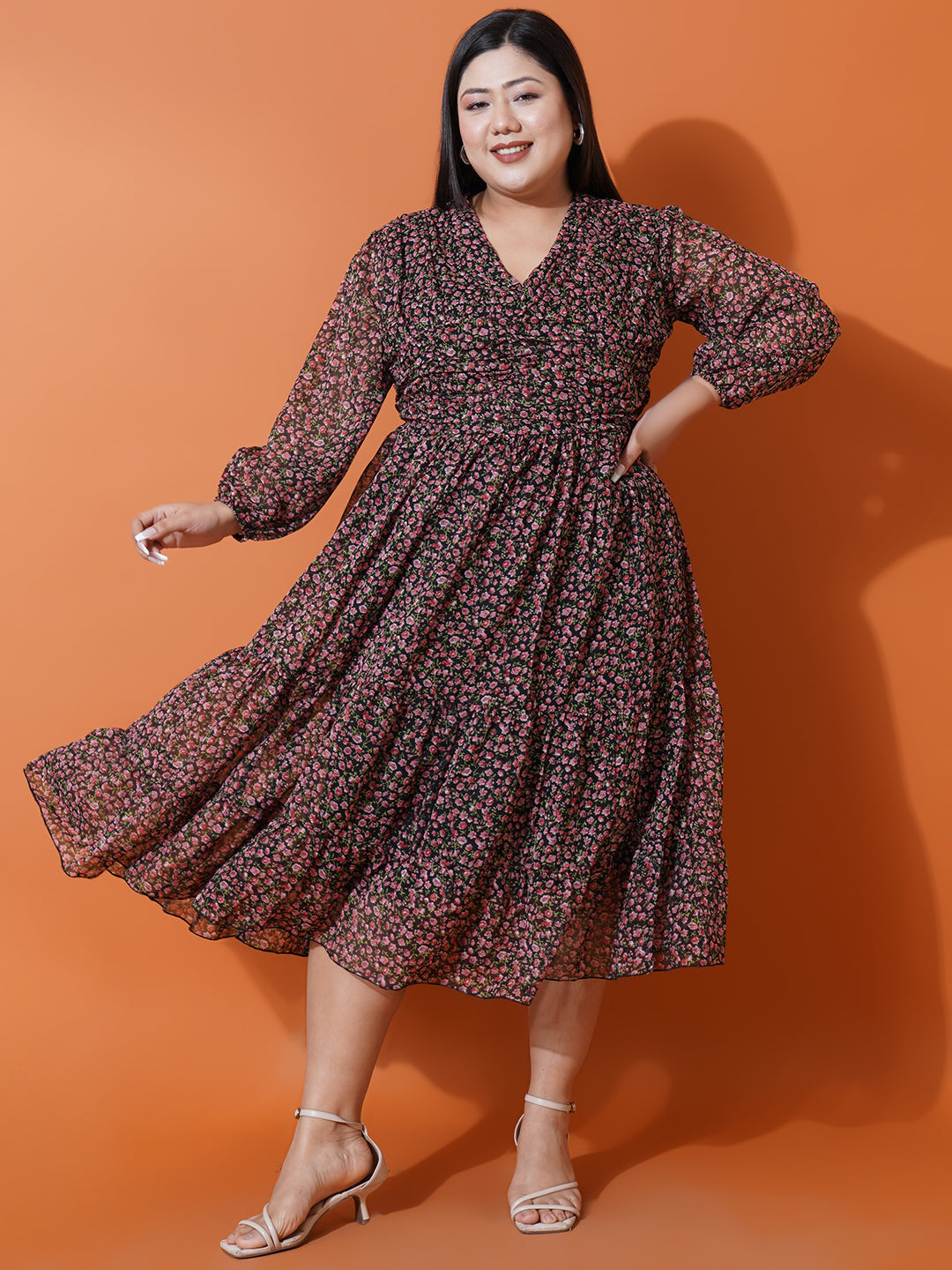 Women Plus size Georgette V-Neck Tiered Dress