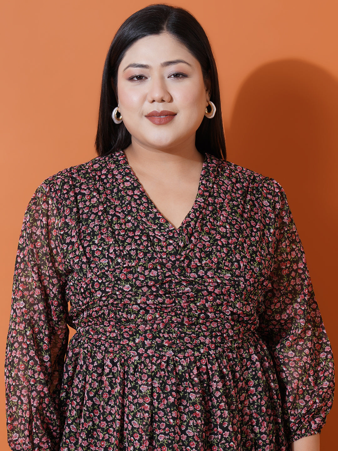 Women Plus size Georgette V-Neck Tiered Dress