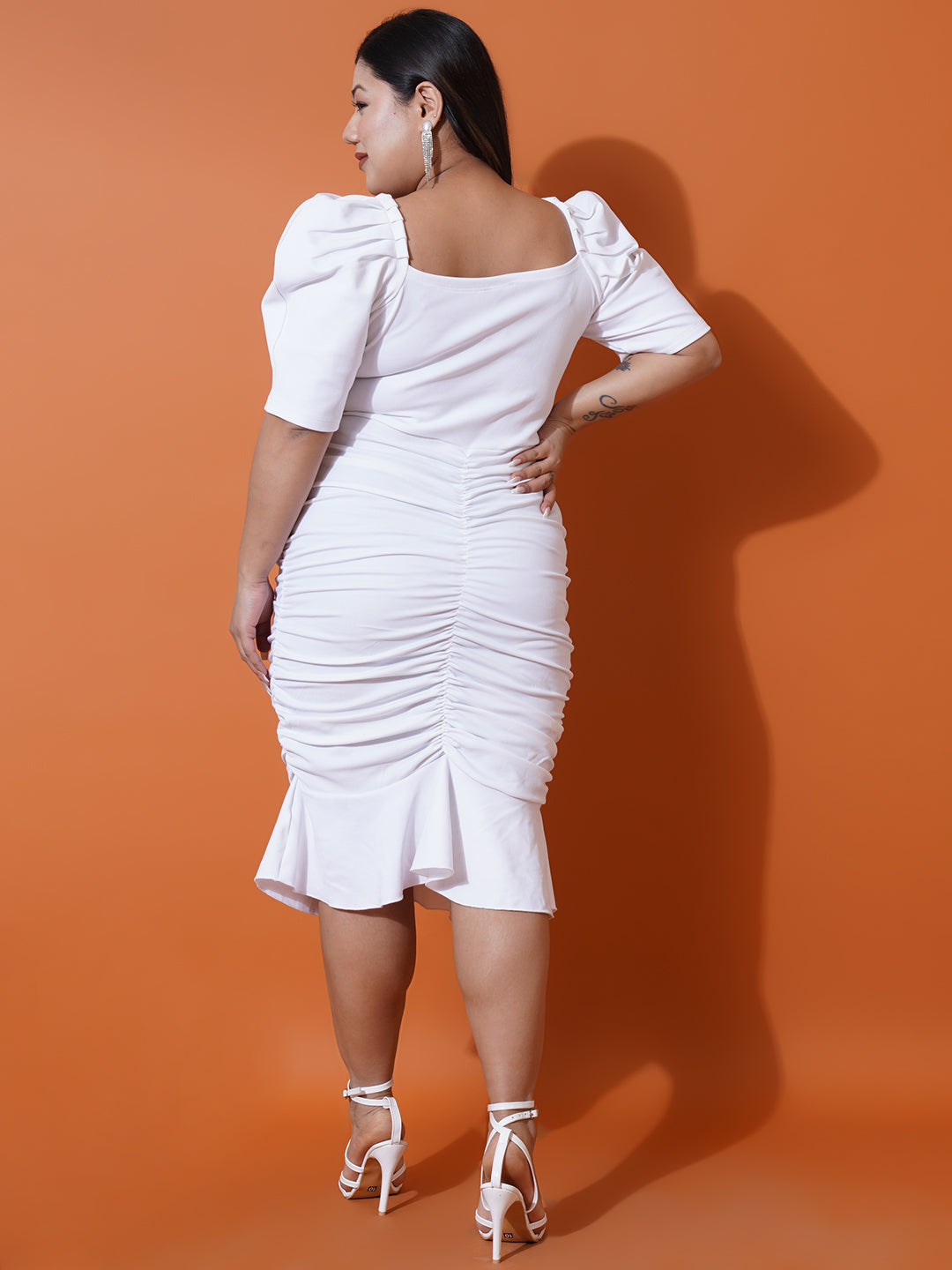 Women Plus size White Sweetheart Neck Puff Sleeves Scuba Bodycon Dress