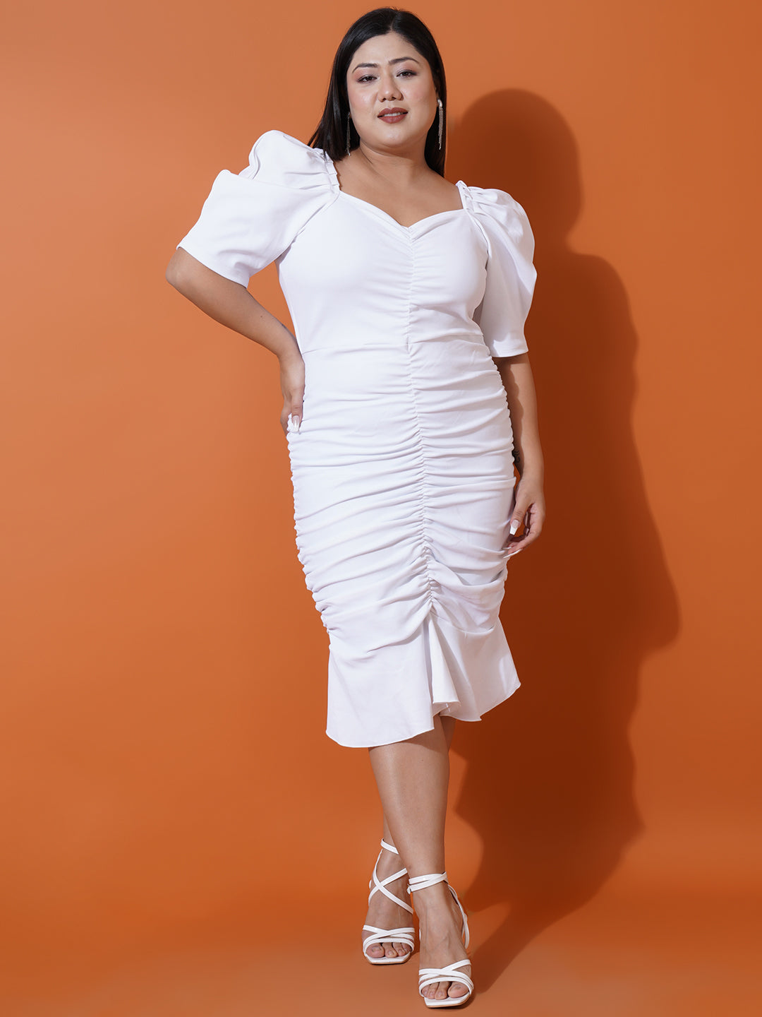 Women Plus size White Sweetheart Neck Puff Sleeves Scuba Bodycon Dress