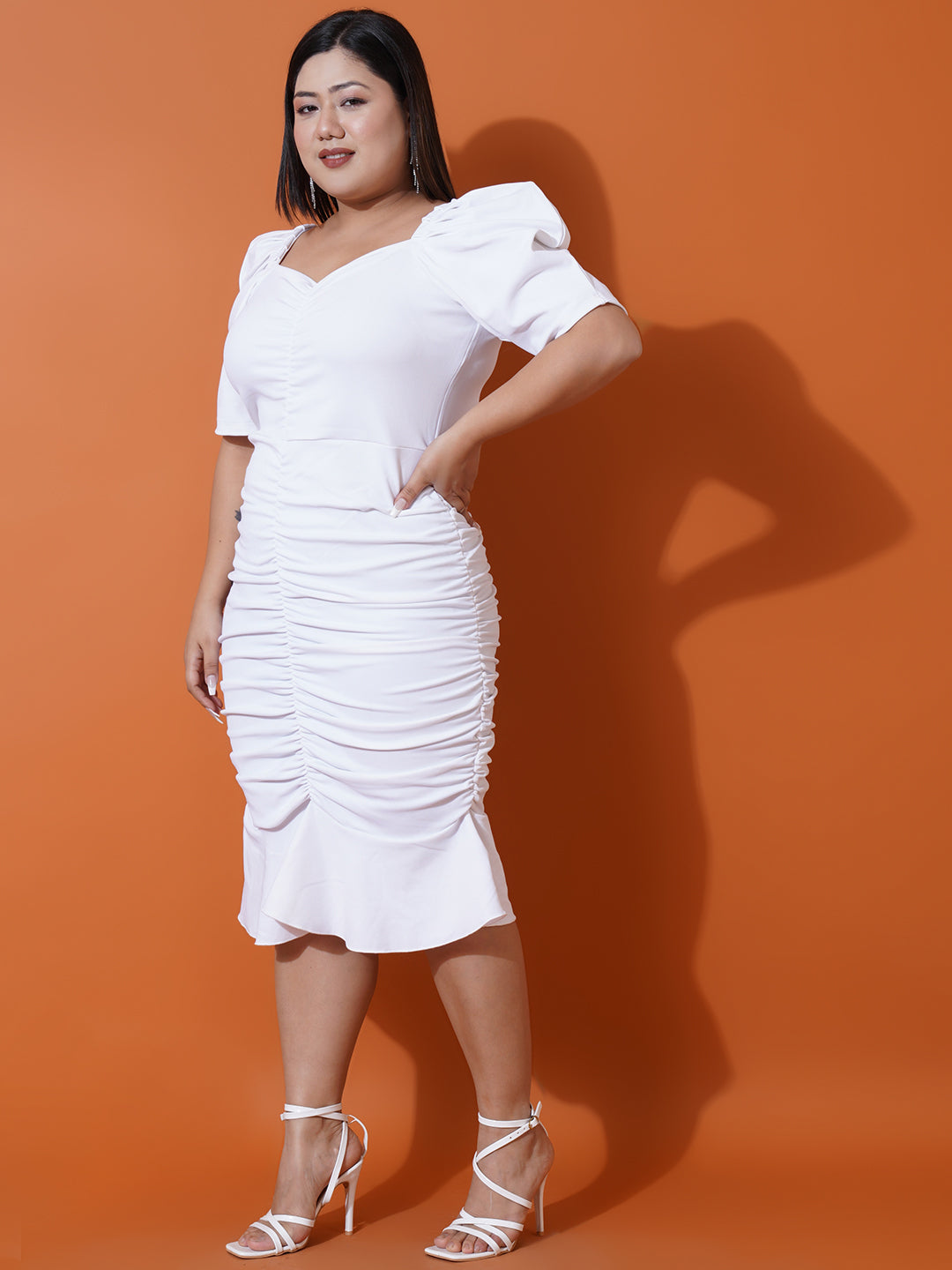 Women Plus size White Sweetheart Neck Puff Sleeves Scuba Bodycon Dress