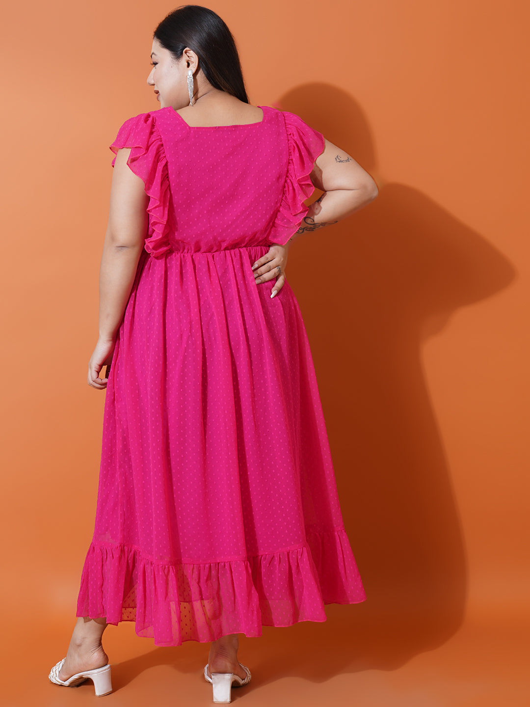 Women Plus Size Georgette Square Neck Ruffle Sleeve Dress