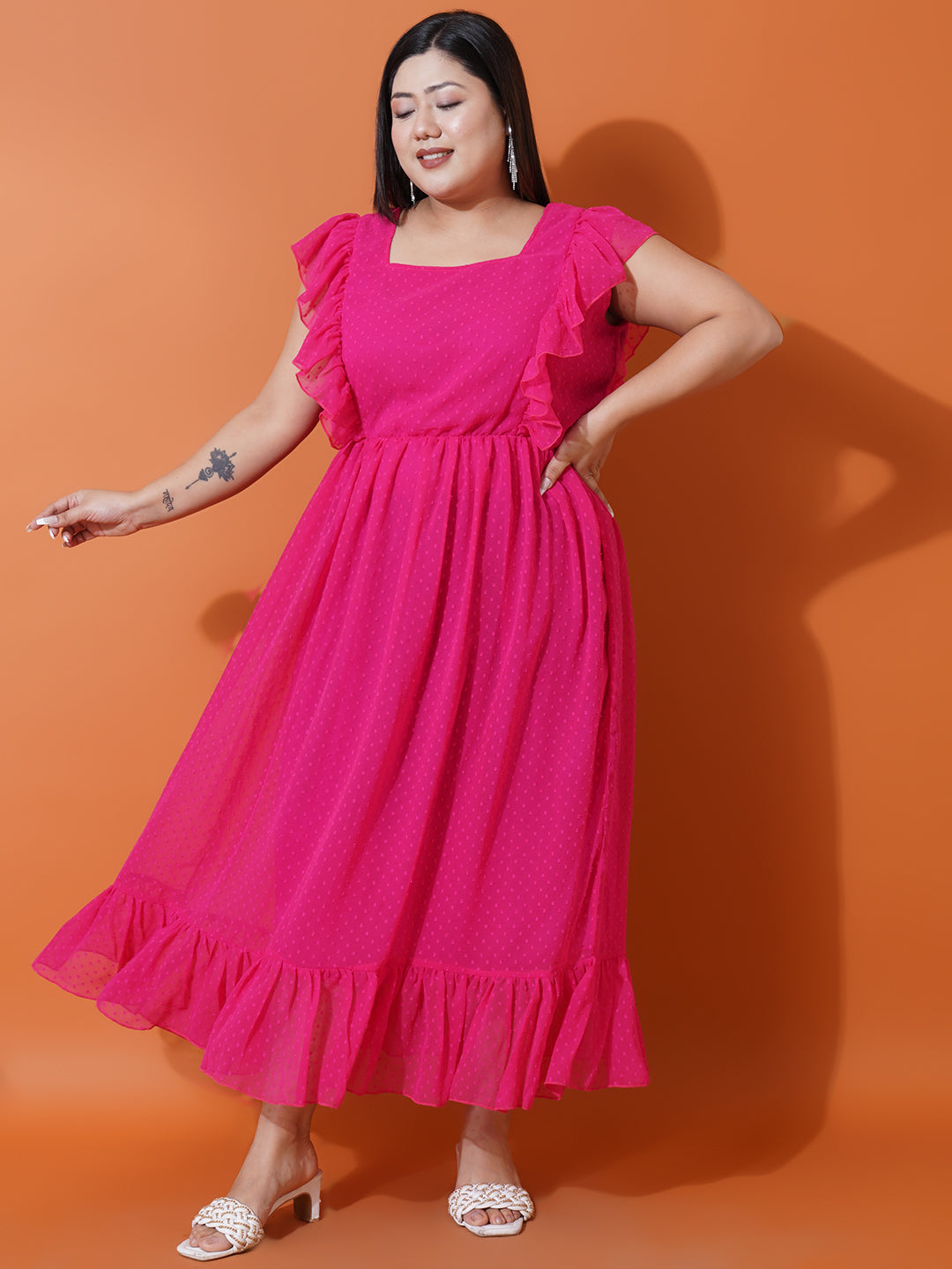 Women Plus Size Georgette Square Neck Ruffle Sleeve Dress