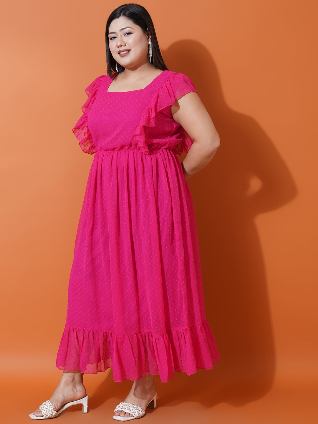 Women Plus Size Georgette Square Neck Ruffle Sleeve Dress