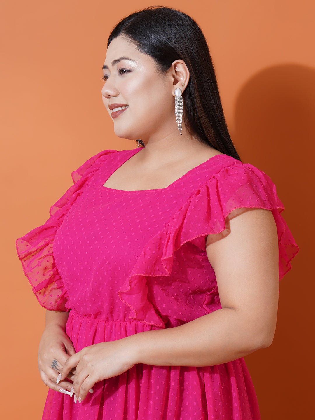 Women Plus Size Georgette Square Neck Ruffle Sleeve Dress