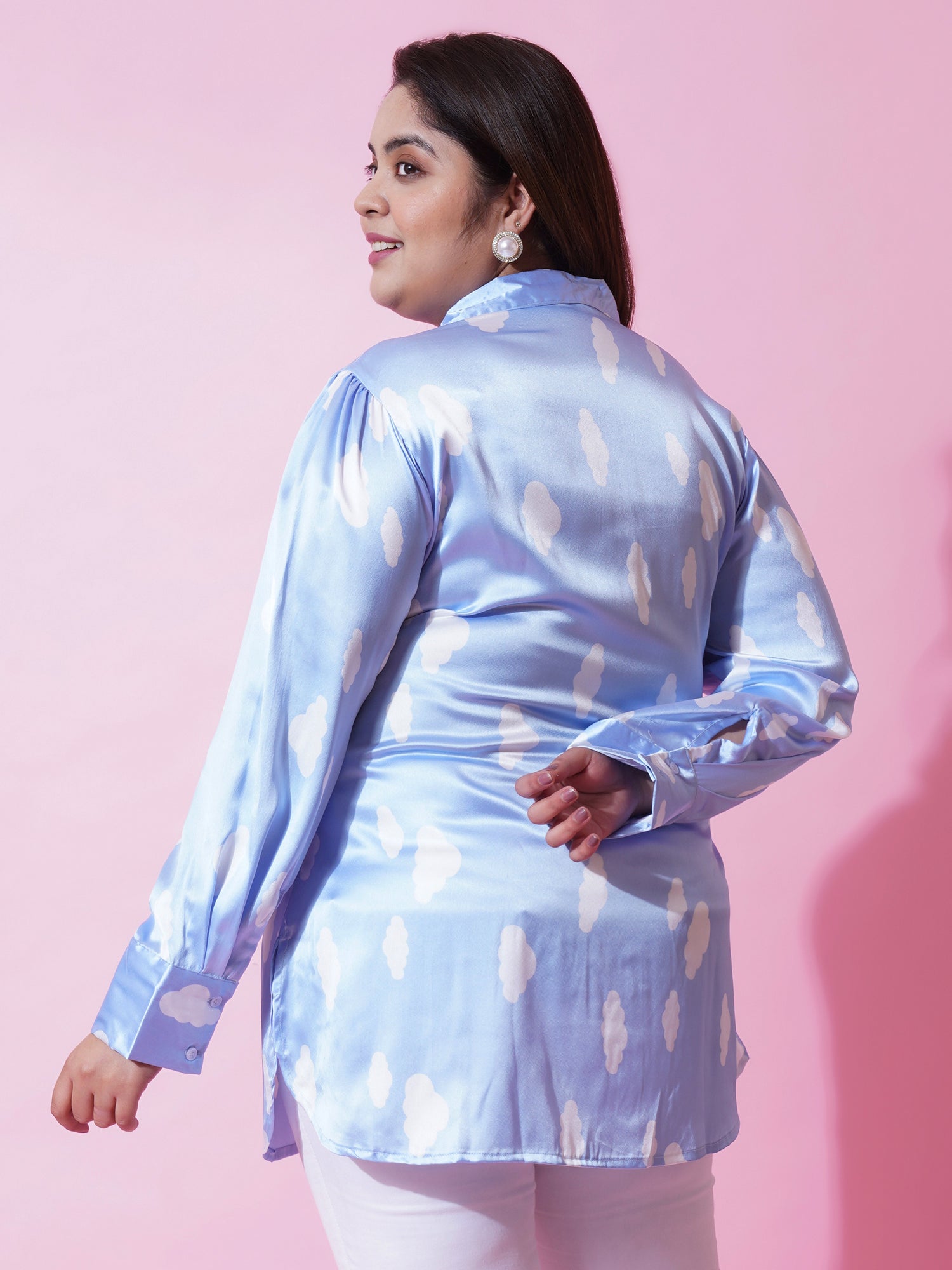 Women Plus Size Blue Satin Printed Shirt Style Top