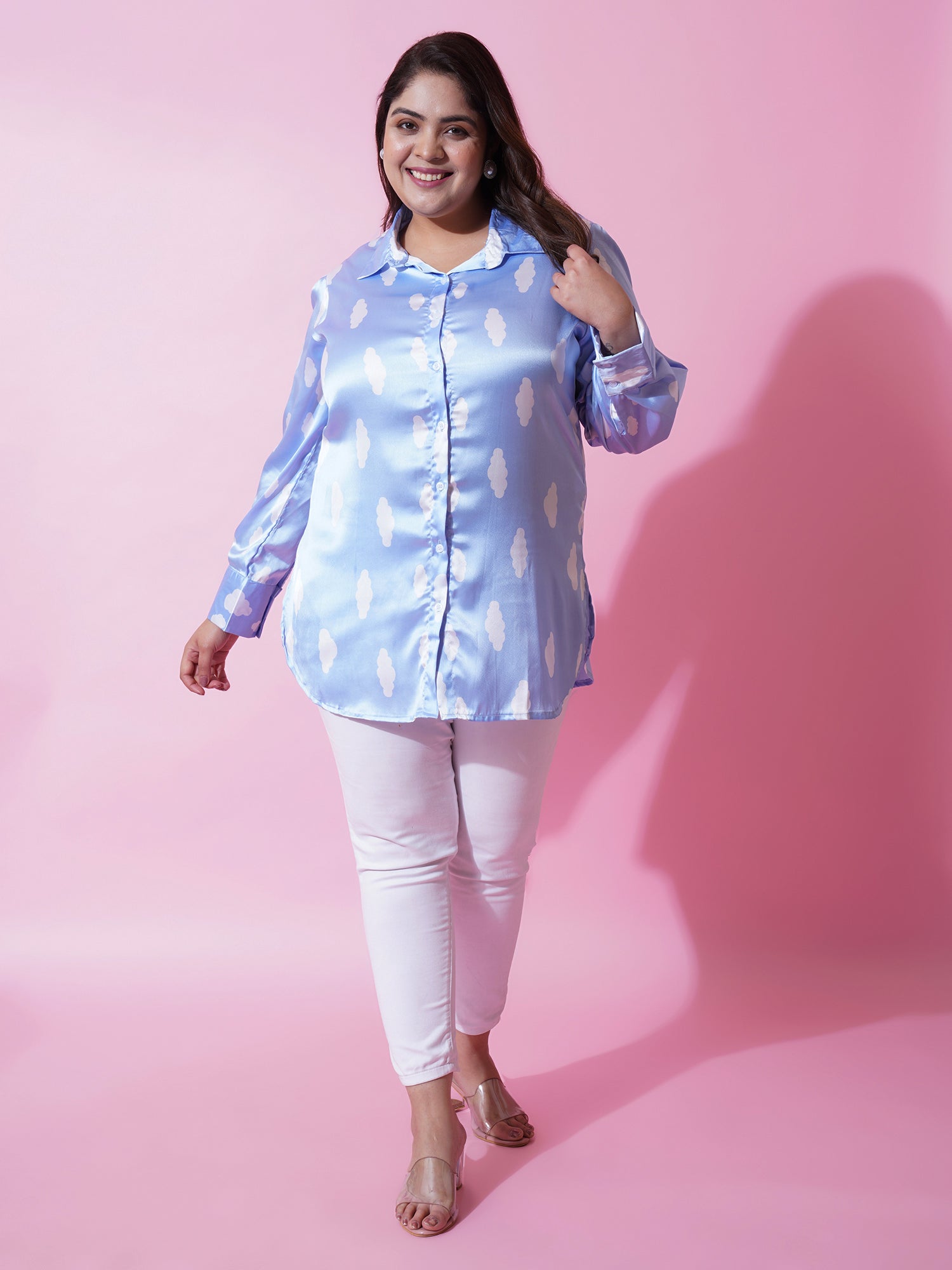 Women Plus Size Blue Satin Printed Shirt Style Top
