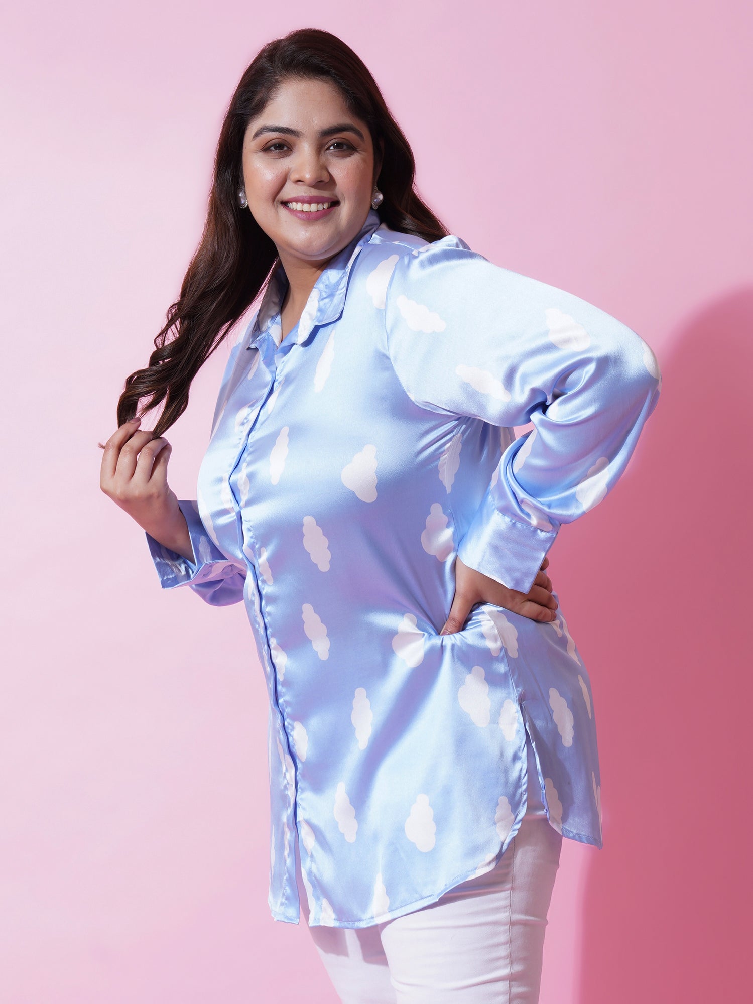 Women Plus Size Blue Satin Printed Shirt Style Top