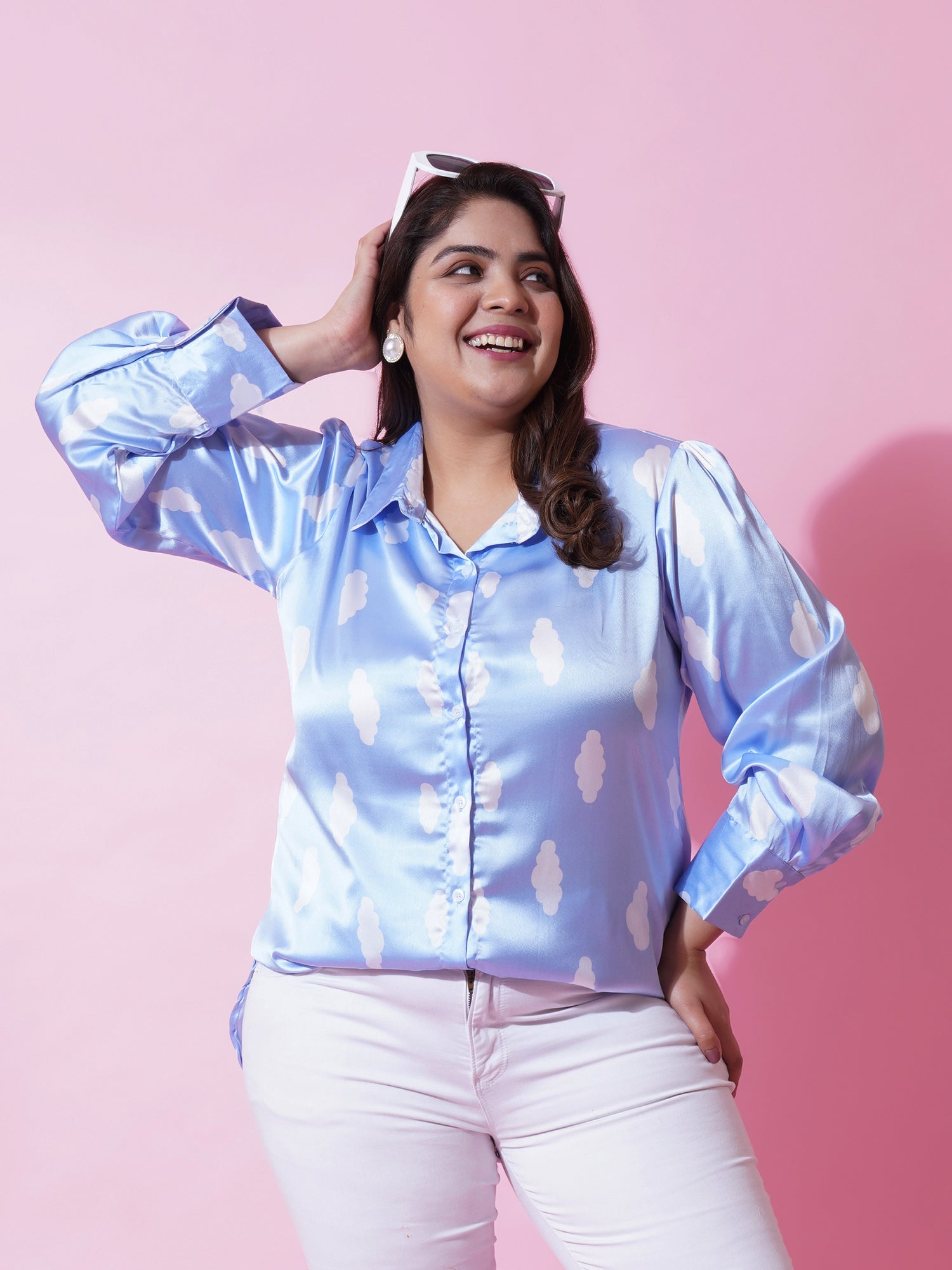 Women Plus Size Blue Satin Printed Shirt Style Top