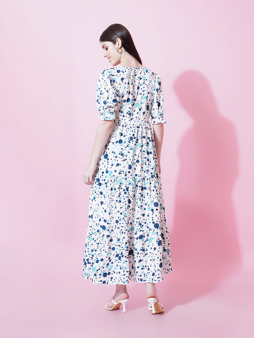Women White Floral Printed Puff Sleeve Crepe Fit and Flare Midi Dress