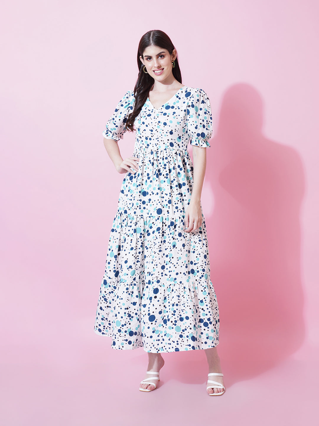 Women White Floral Printed Puff Sleeve Crepe Fit and Flare Midi Dress