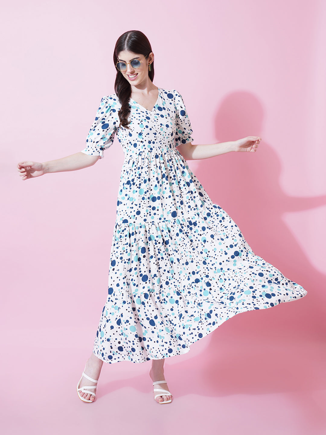 Women White Floral Printed Puff Sleeve Crepe Fit and Flare Midi Dress