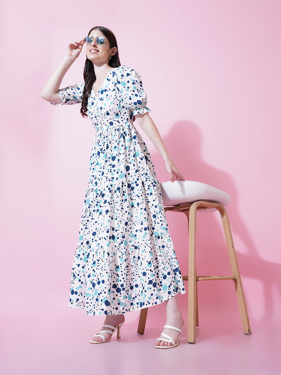 Women White Floral Printed Puff Sleeve Crepe Fit and Flare Midi Dress