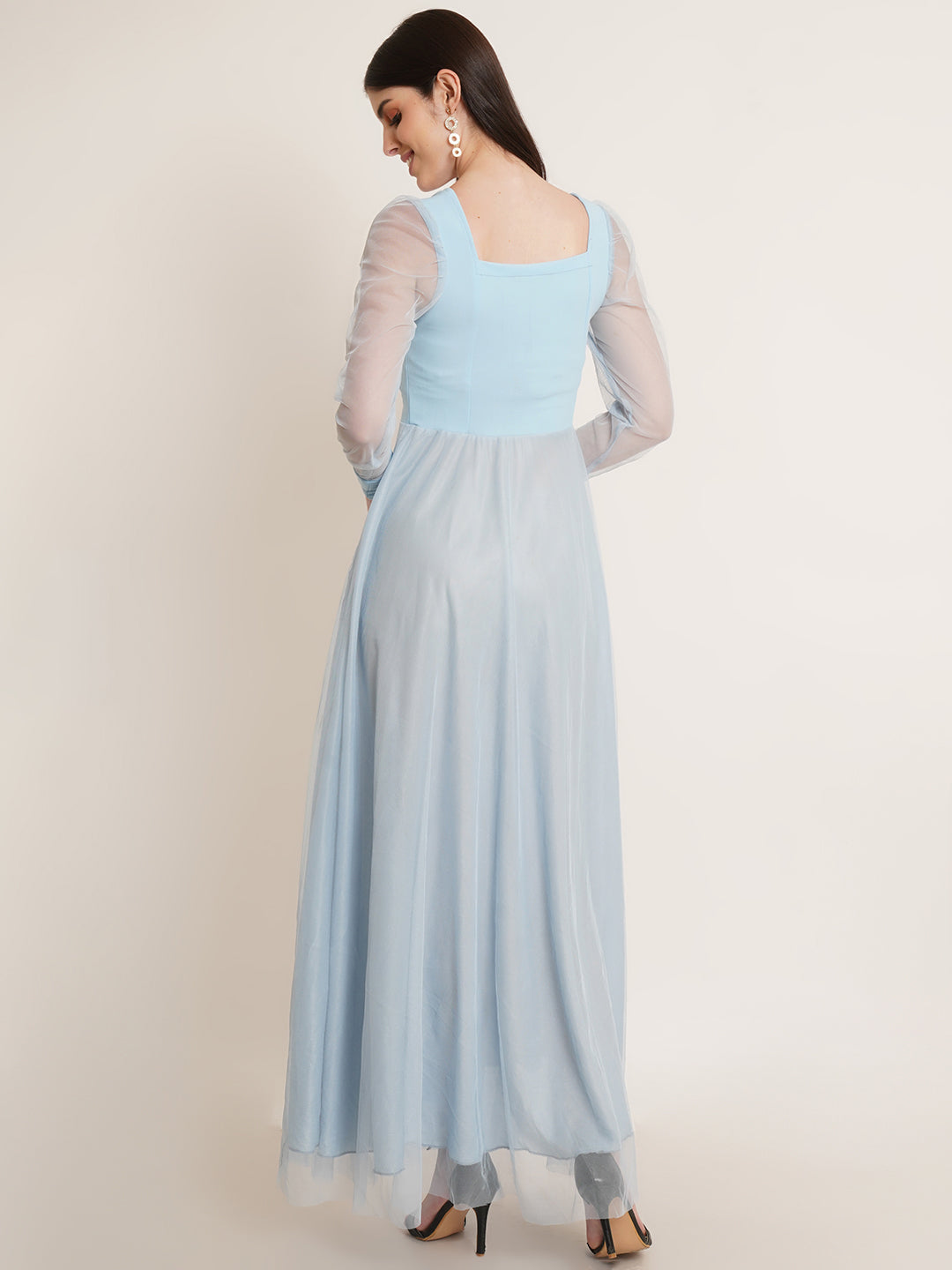 Women Square Neck Cuffed Sleeves Net Maxi Dress