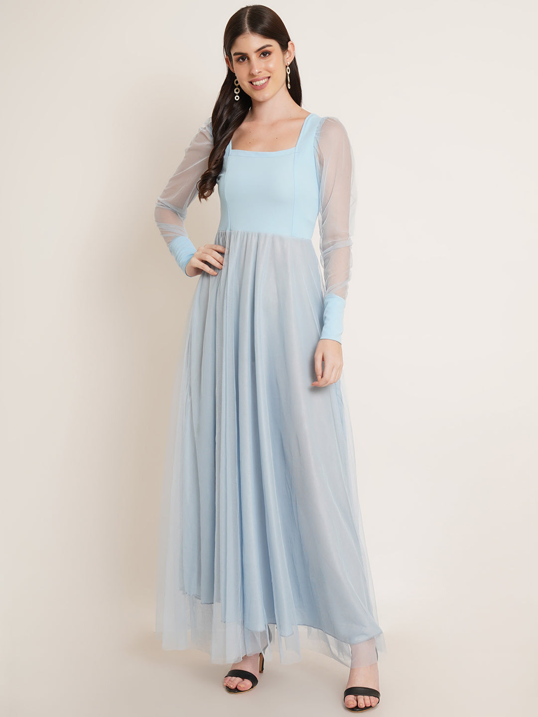 Women Square Neck Cuffed Sleeves Net Maxi Dress