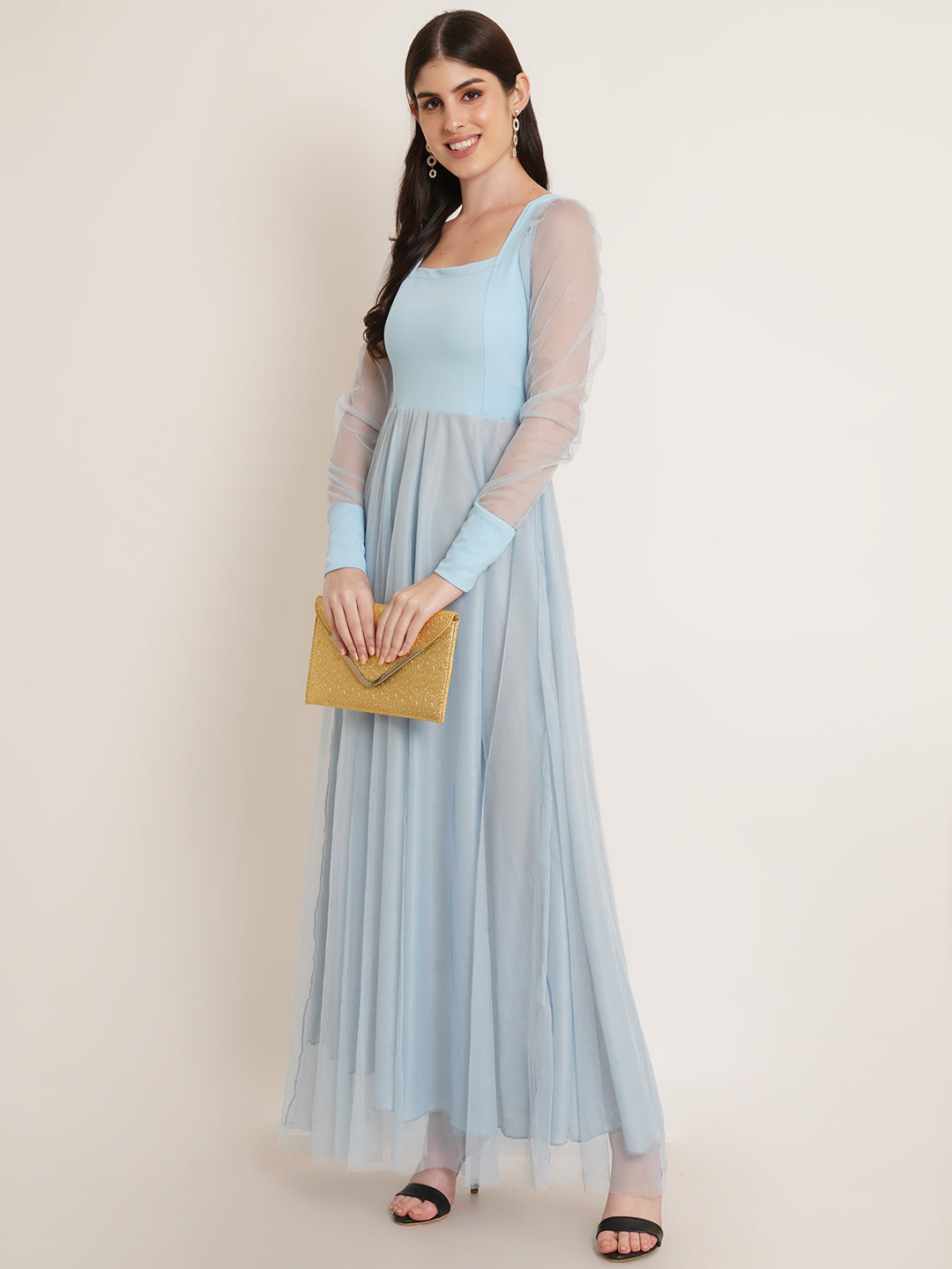 Women Square Neck Cuffed Sleeves Net Maxi Dress