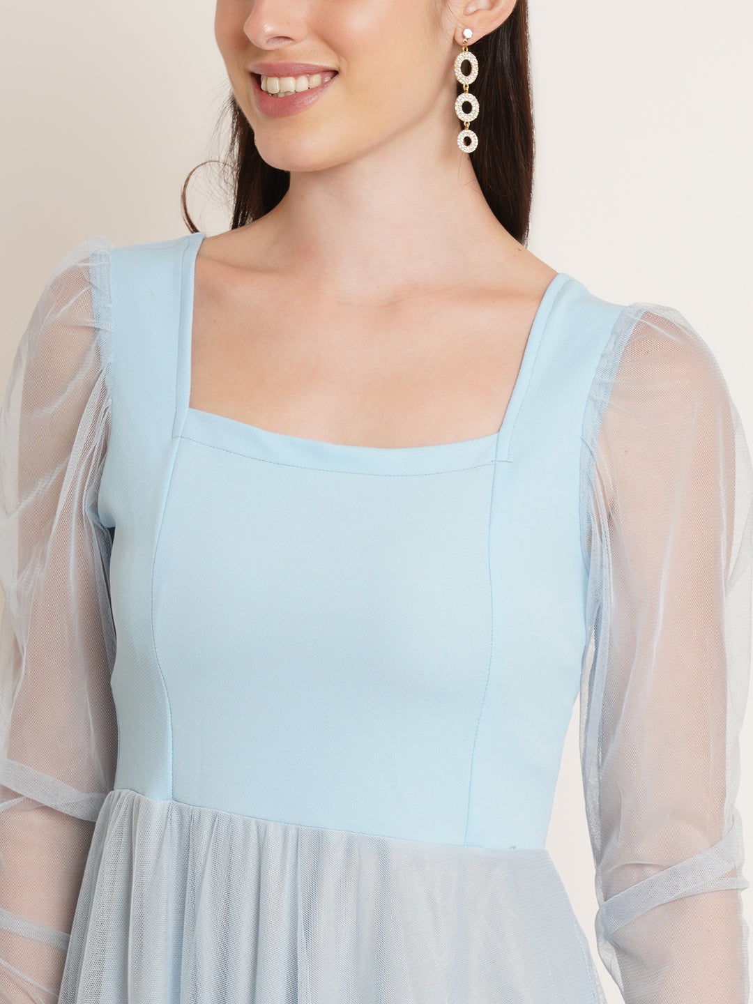 Women Square Neck Cuffed Sleeves Net Maxi Dress