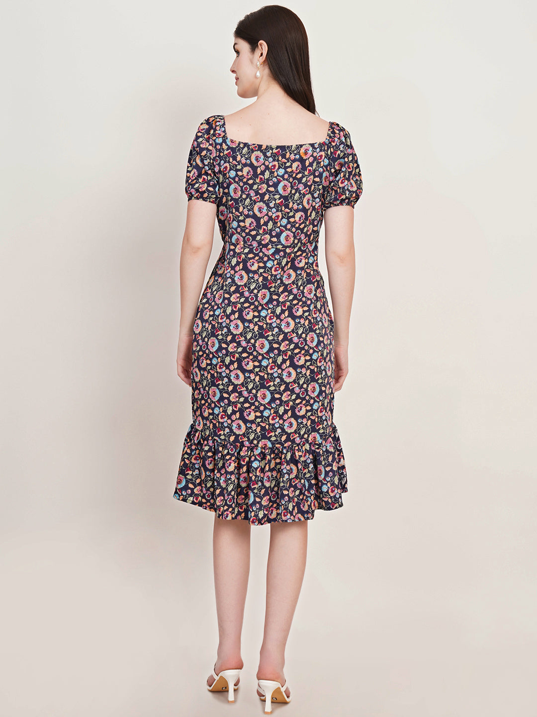 Women Floral Print Puff Sleeve Crepe Fit & Flare Dress