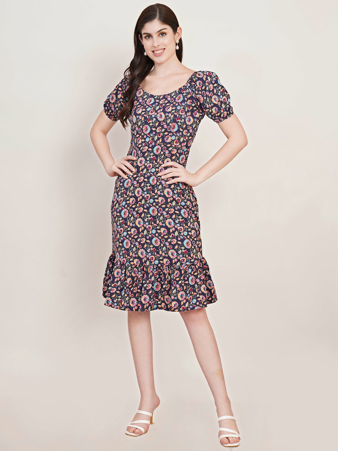 Women Floral Print Puff Sleeve Crepe Fit & Flare Dress