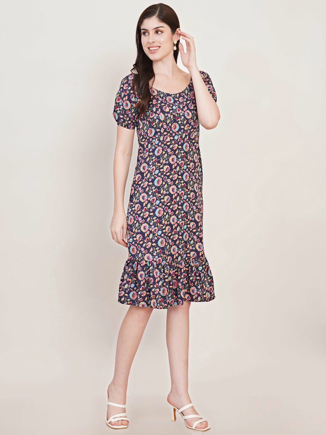 Women Floral Print Puff Sleeve Crepe Fit & Flare Dress