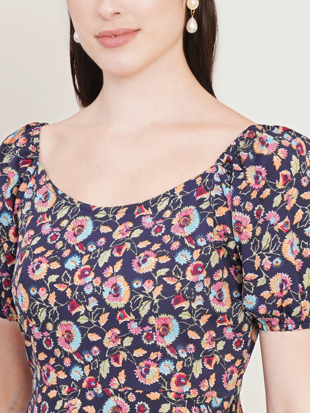 Women Floral Print Puff Sleeve Crepe Fit & Flare Dress