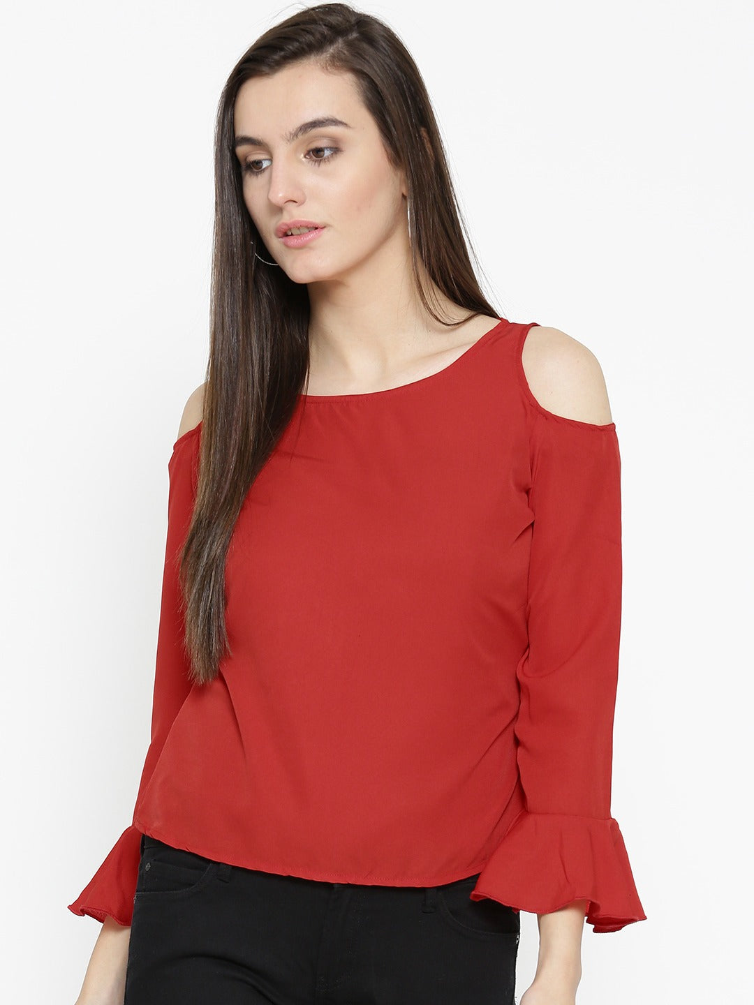 Women Red Solid Cold Shoulder Top