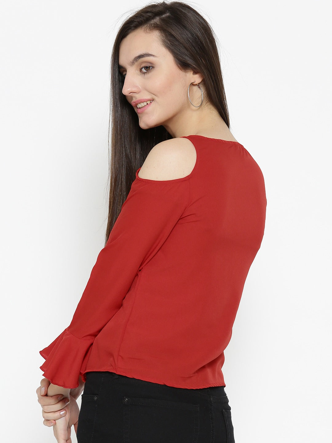 Women Red Solid Cold Shoulder Top