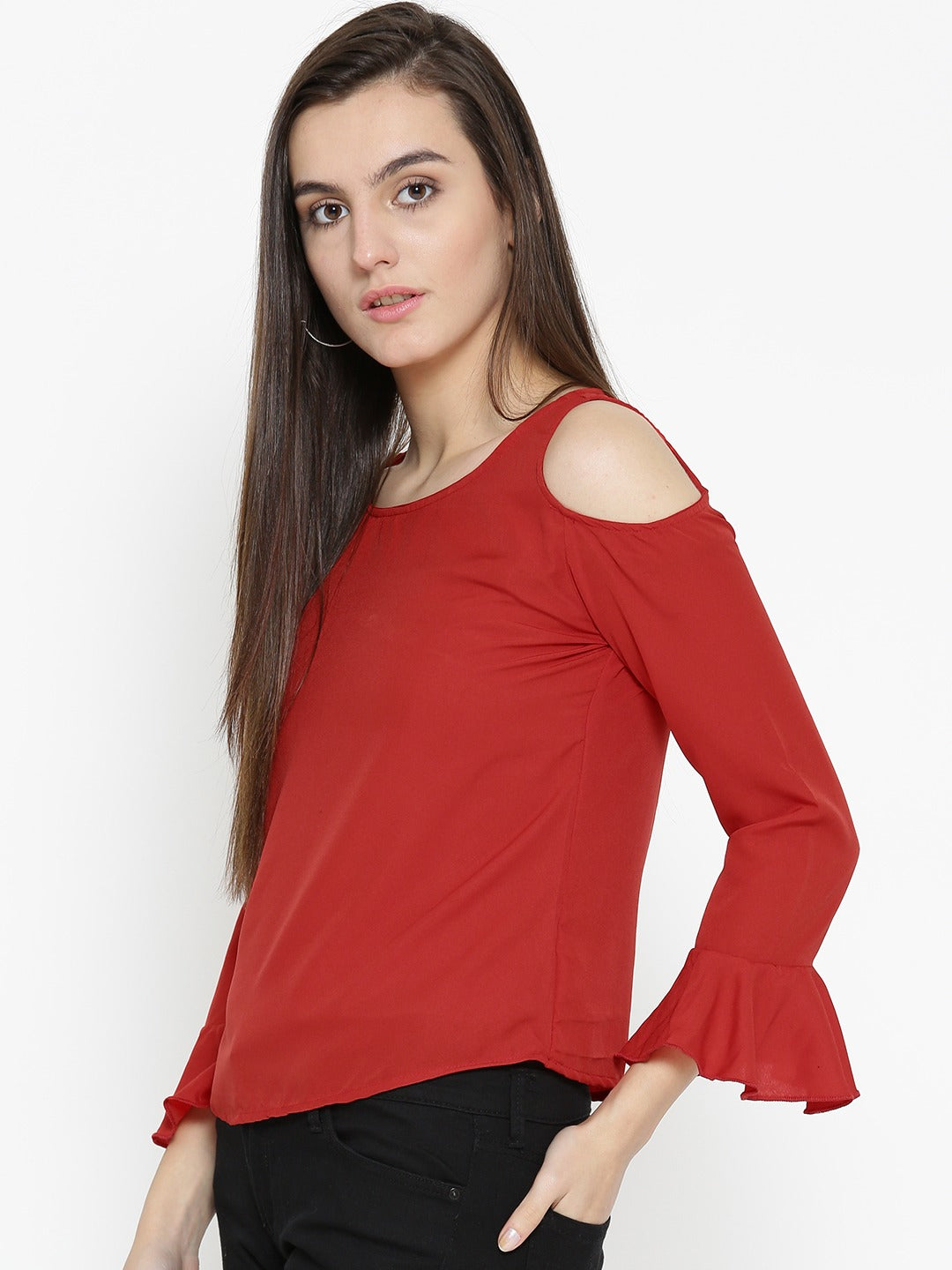 Women Red Solid Cold Shoulder Top