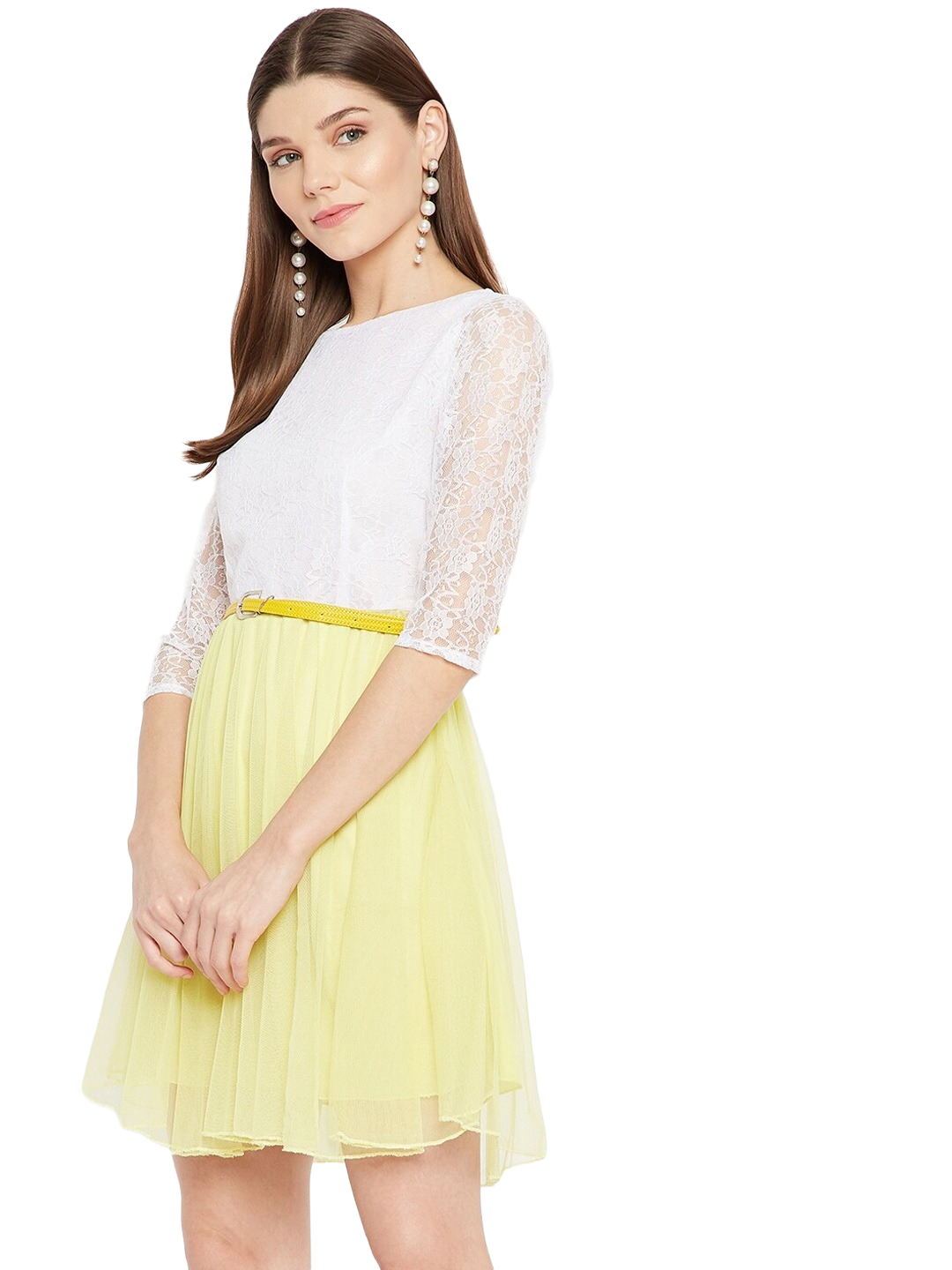 Women Yellow & White Colourblocked Net Dress