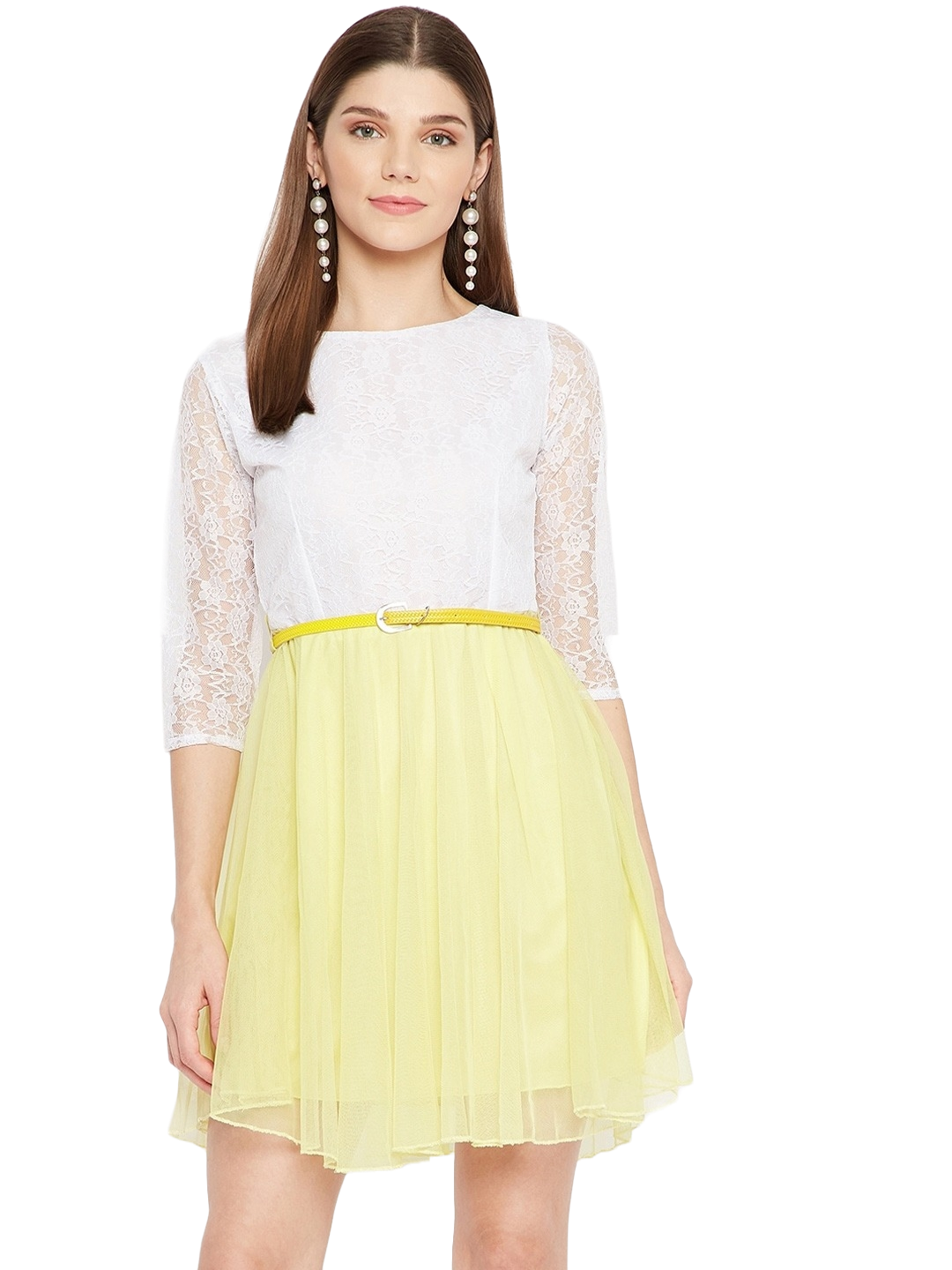 Women Yellow & White Colourblocked Net Dress