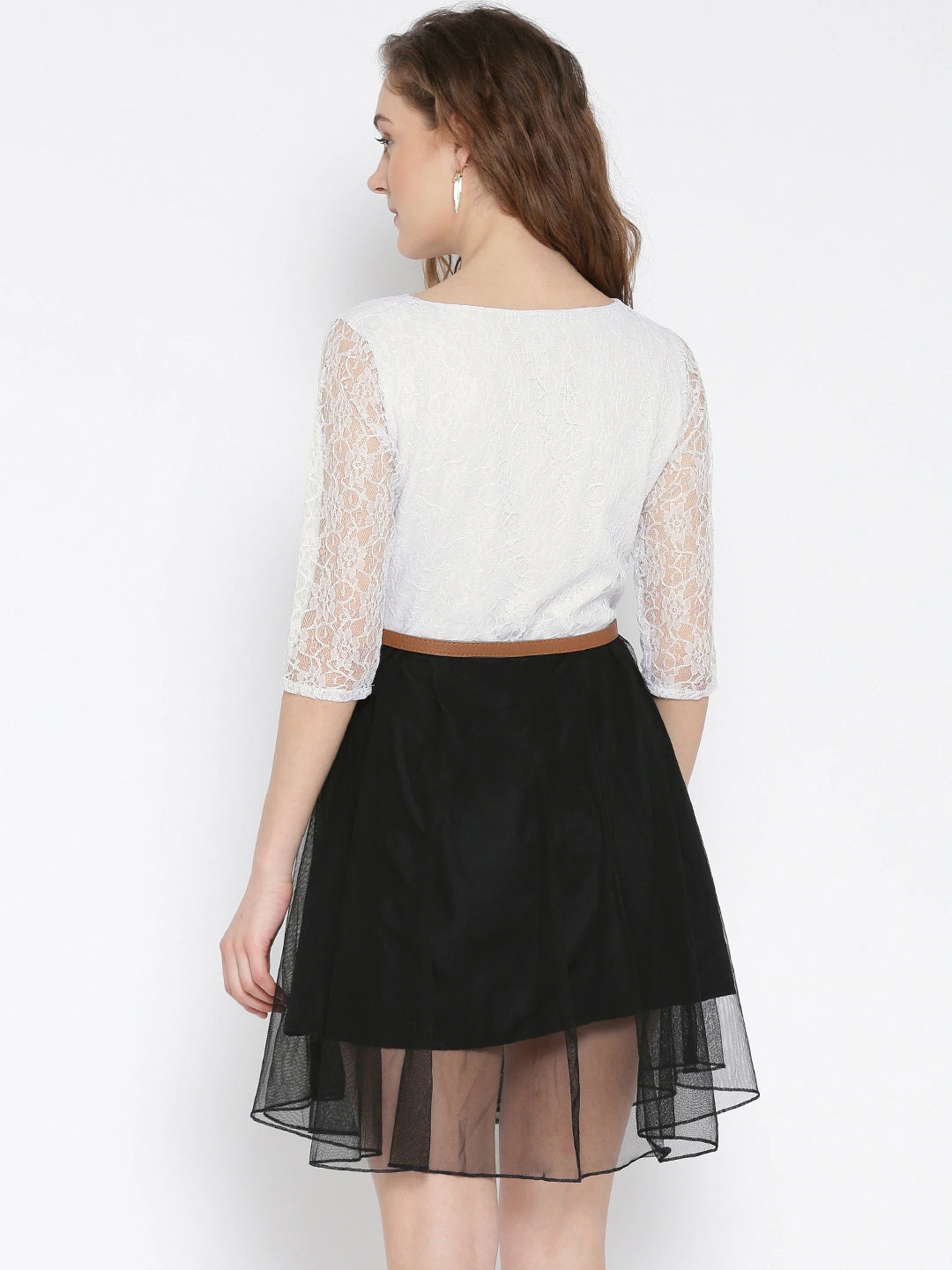 Women White & Black Lace Fit & Flare Dress