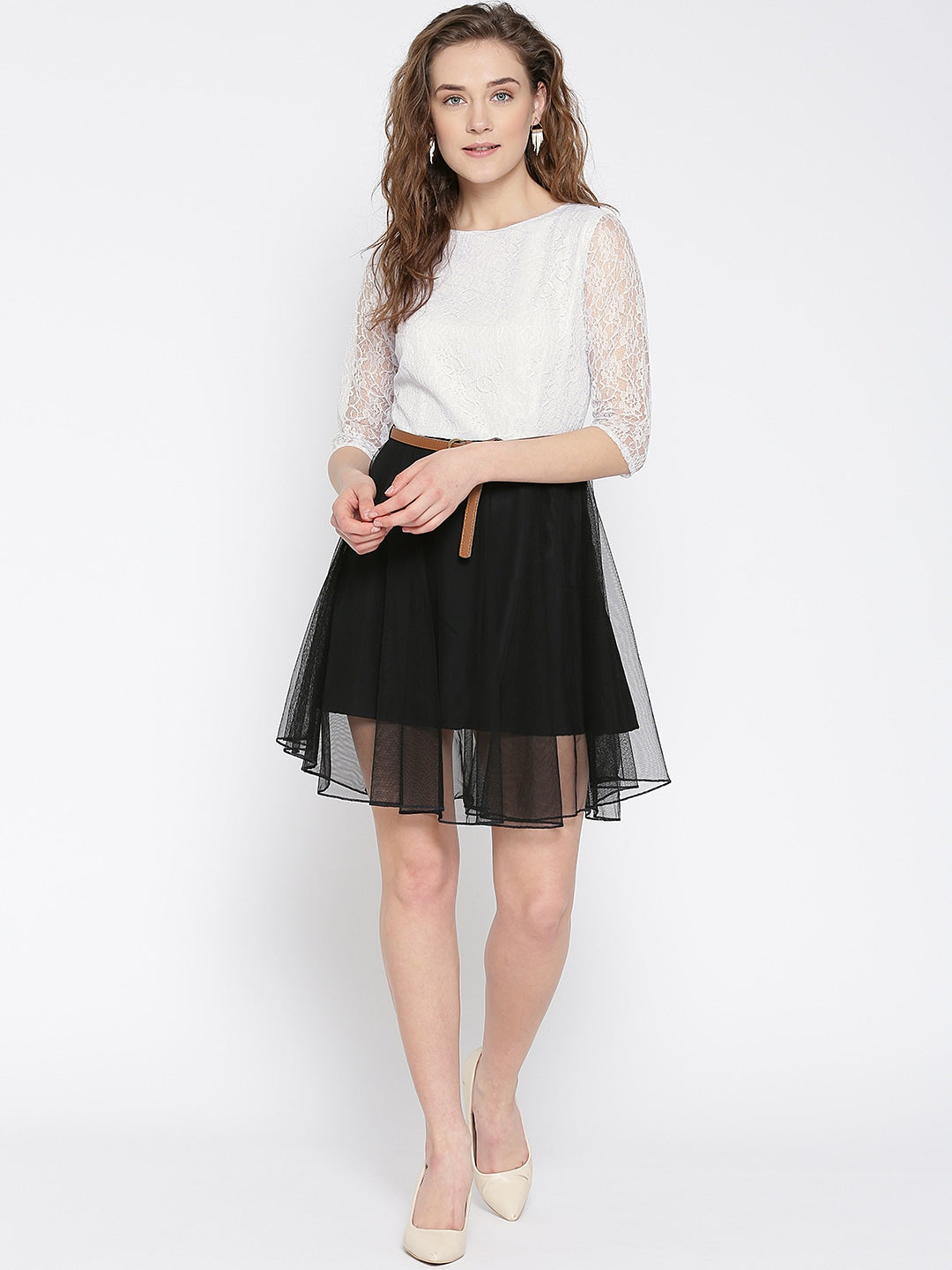 Women White & Black Lace Fit & Flare Dress