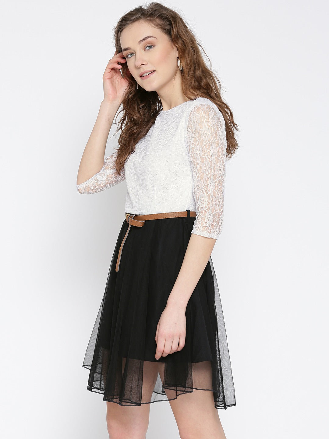 Women White & Black Lace Fit & Flare Dress
